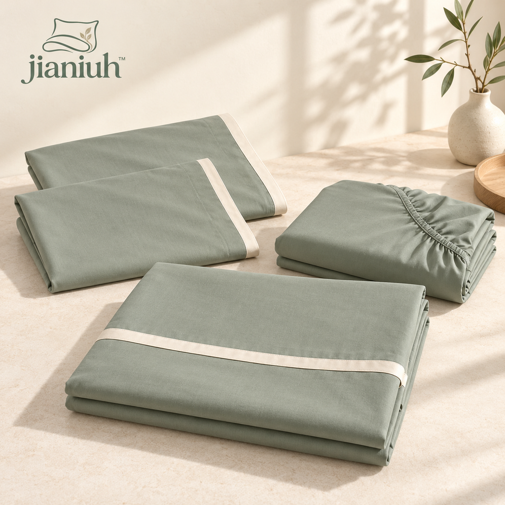 jianiuh™ Sage Atelier 4-Piece Cotton Percale Sheet Set — Sage Green Deep Pocket Bedding with Ivory Border, Full / Queen / King