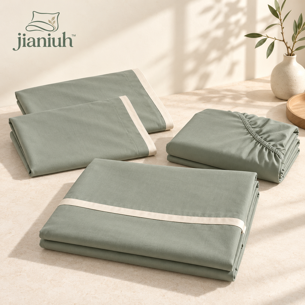 jianiuh™ Sage Atelier 4-Piece Cotton Percale Sheet Set — Sage Green Deep Pocket Bedding with Ivory Border, Full / Queen / King