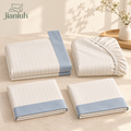 jianiuh™ Blue Hour Pinstripe 4-Piece Cotton Percale Sheet Set — Mist Blue Striped Sheets, Deep Pocket Bedding, Full / Queen / King