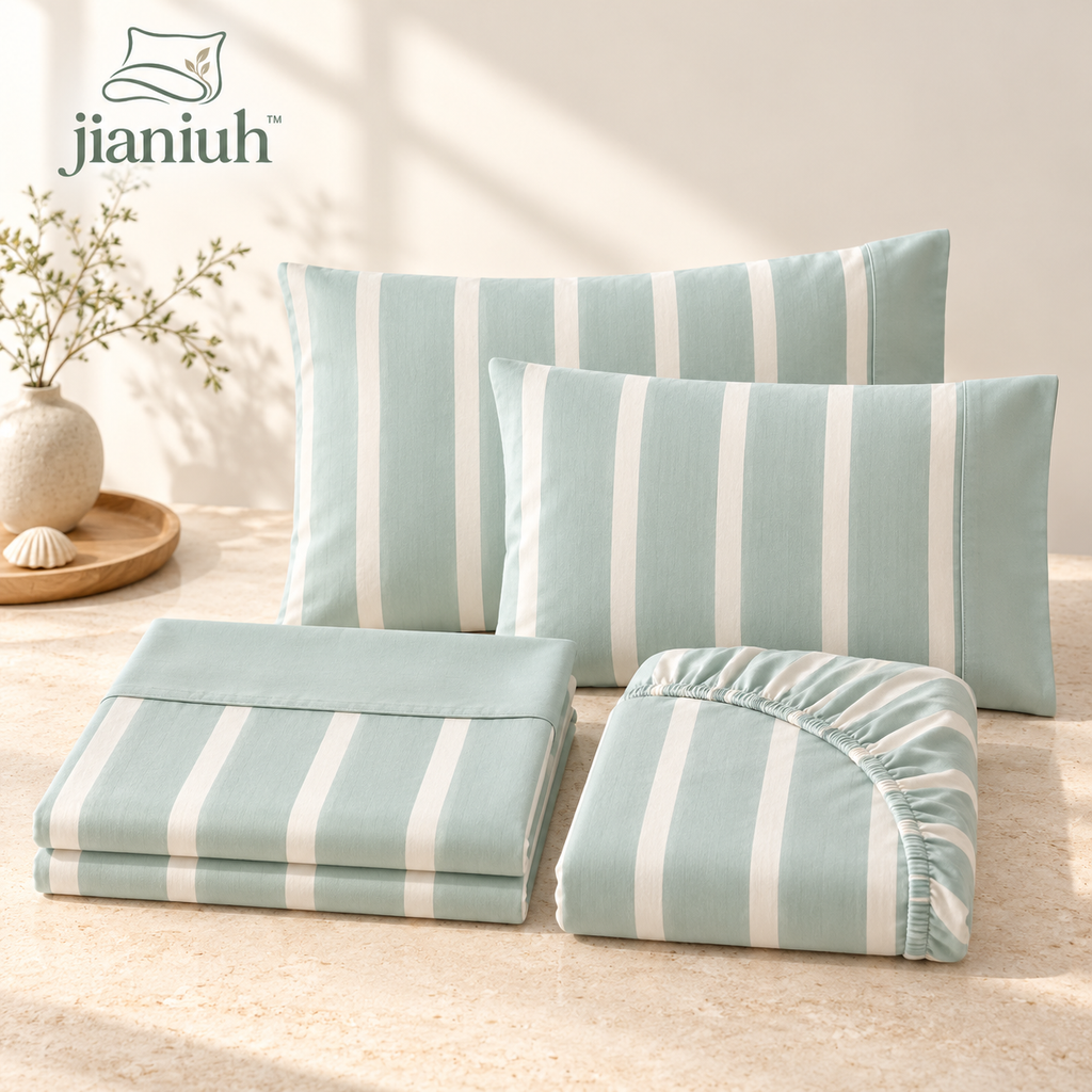 jianiuh™ Sea Glass Stripe 4-Piece Cotton Percale Sheet Set — Seafoam and Ivory Striped Sheets, Deep Pocket Bedding, Full / Queen / King