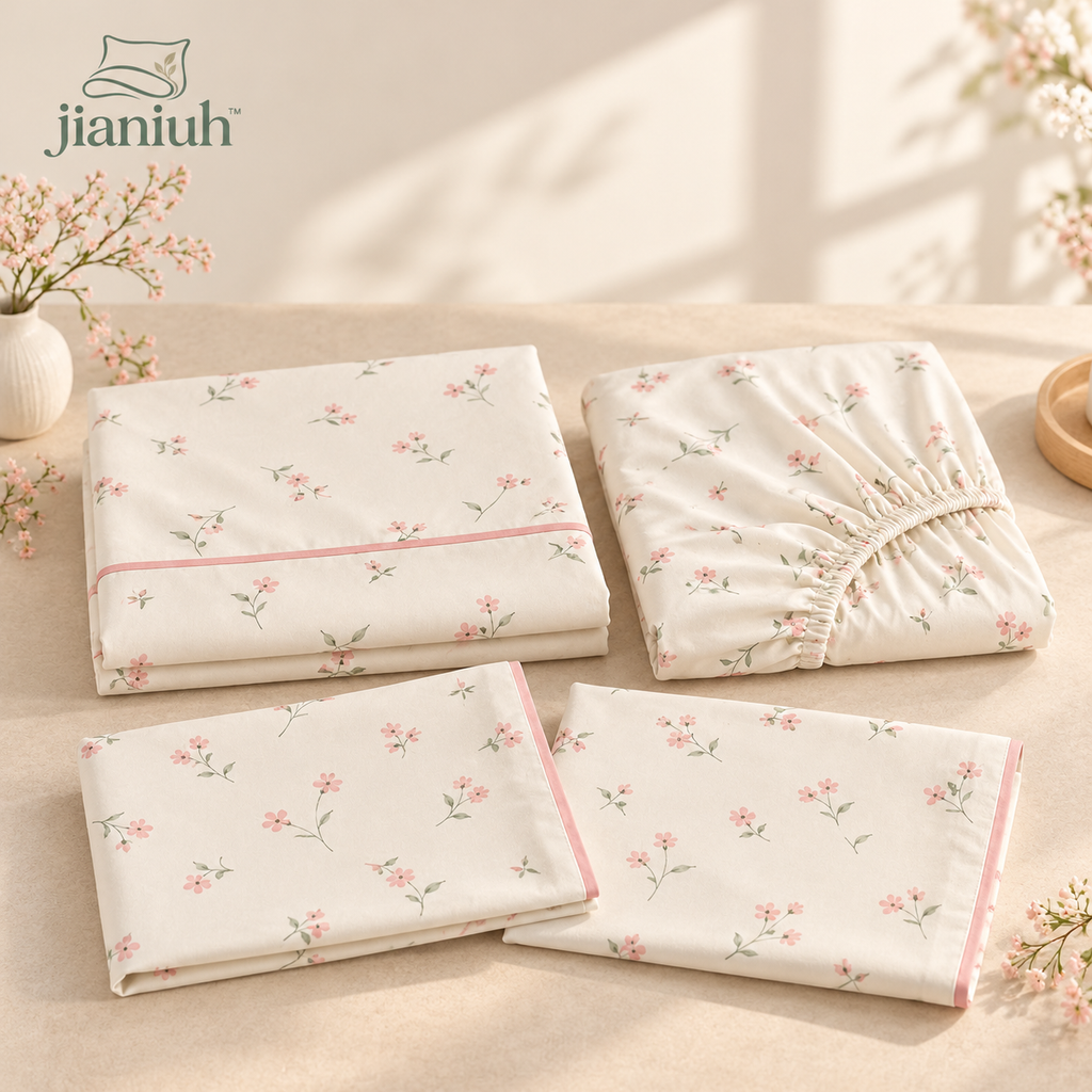 jianiuh™ Petal Letter 4-Piece Cotton Percale Sheet Set — Blush Floral Cottage Bedding, Deep Pocket Sheets, Full / Queen / King