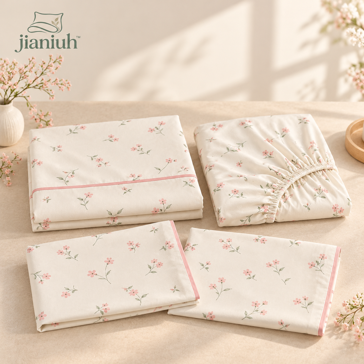 jianiuh™ Petal Letter 4-Piece Cotton Percale Sheet Set — Blush Floral Cottage Bedding, Deep Pocket Sheets, Full / Queen / King