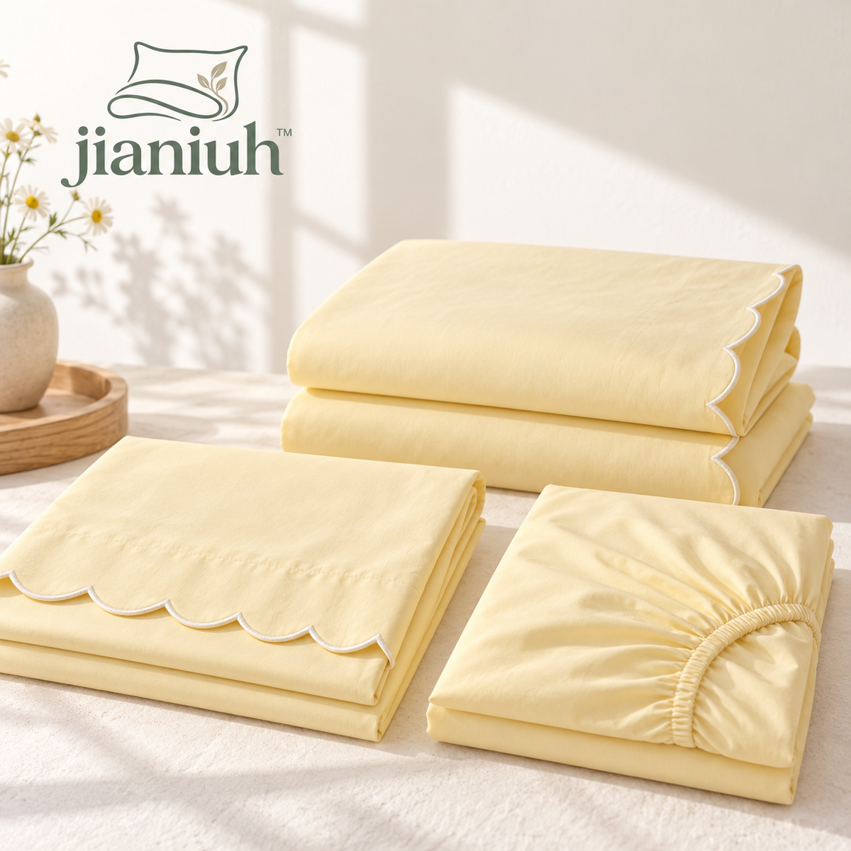 jianiuh™ Buttercup Edge 4-Piece Cotton Percale Sheet Set — Butter Yellow Scalloped Bedding, Deep Pocket Sheets, Full / Queen / King
