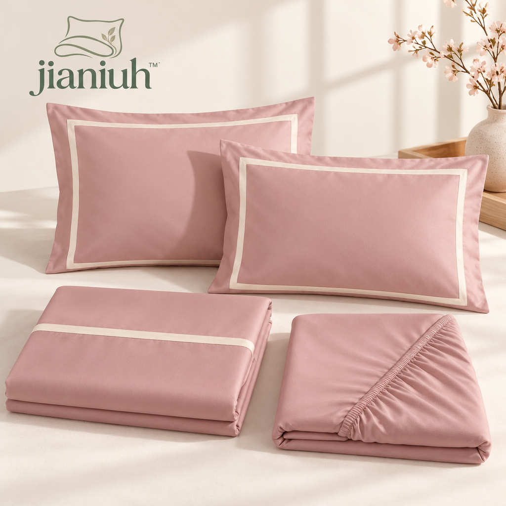 jianiuh™ Rosewater Frame 4-Piece Cotton Sateen Sheet Set — Dusty Pink Framed Border Sheets, Deep Pocket Bedding, Full / Queen / King