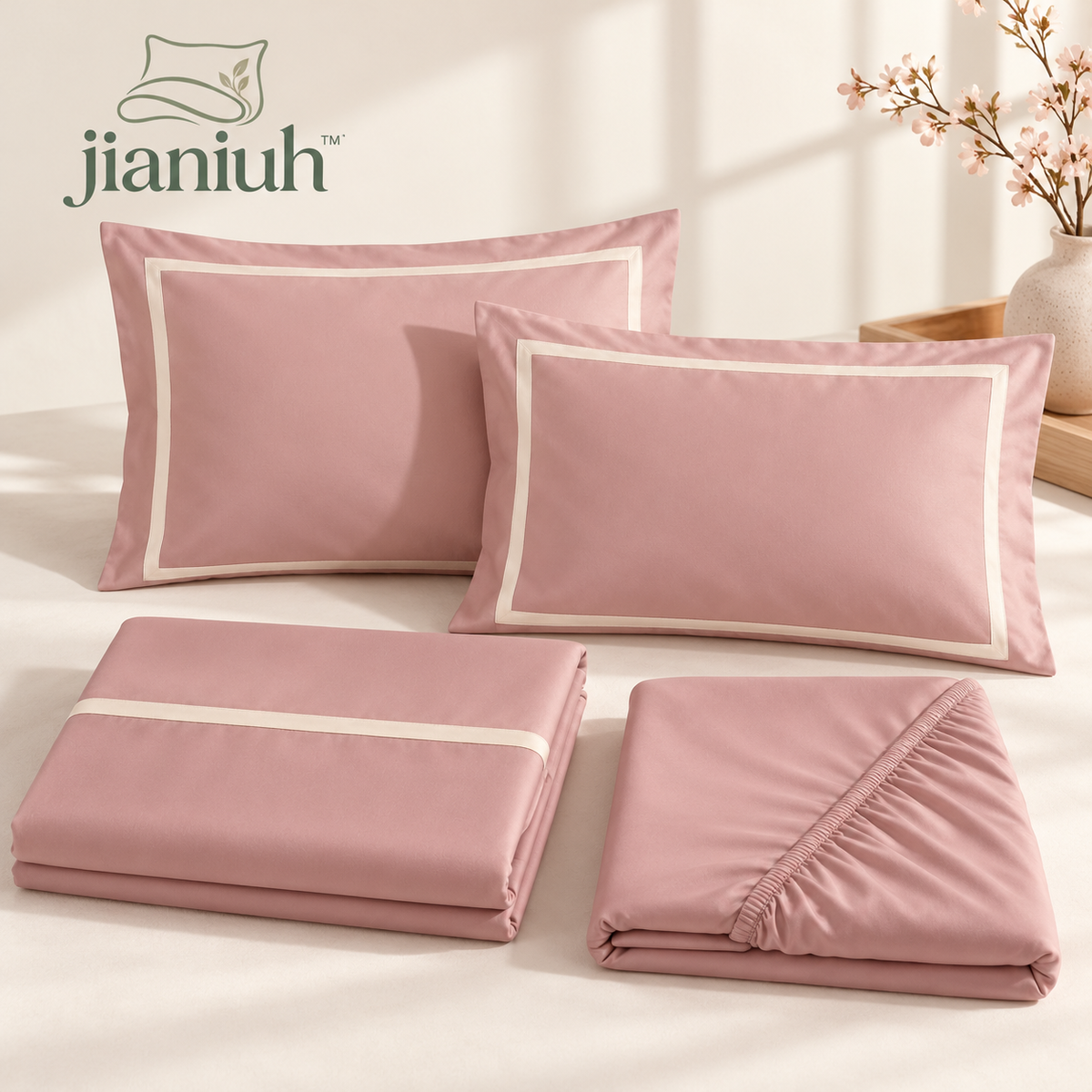 jianiuh™ Rosewater Frame 4-Piece Cotton Sateen Sheet Set — Dusty Pink Framed Border Sheets, Deep Pocket Bedding, Full / Queen / King
