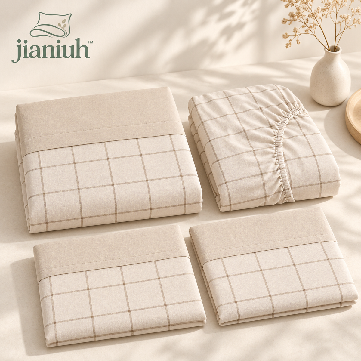 jianiuh™ Oat Window 4-Piece Cotton Percale Sheet Set — Oatmeal Windowpane Check Sheets, Neutral Deep Pocket Bedding, Full / Queen / King