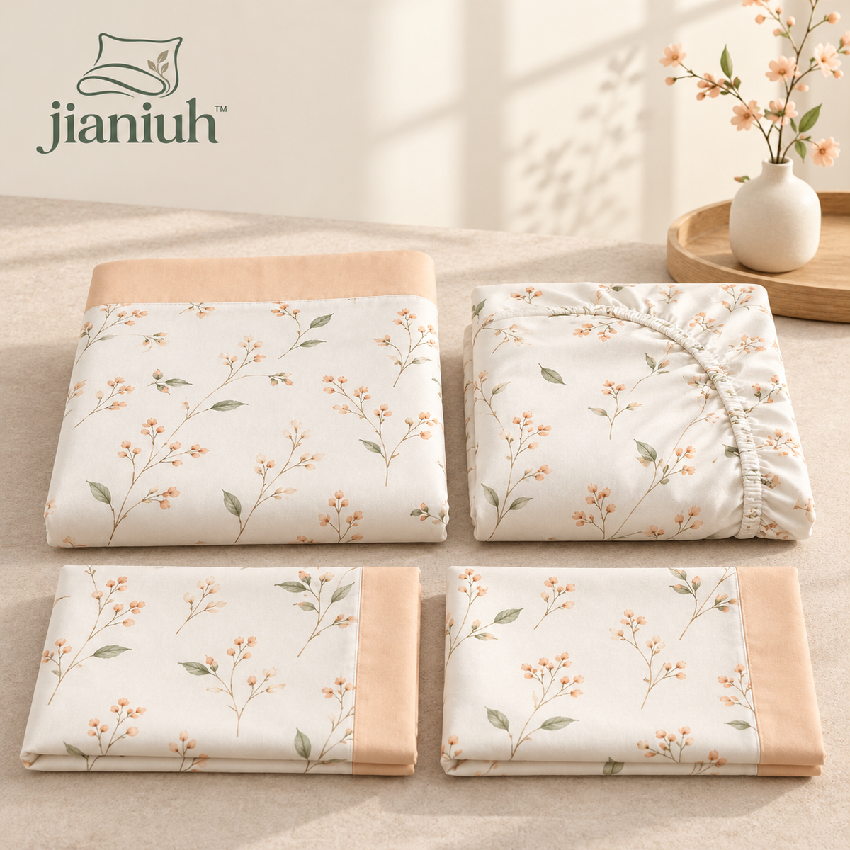 jianiuh™ Apricot Meadow 4-Piece Cotton Percale Sheet Set — Apricot Botanical Floral Sheets, Deep Pocket Bedding, Full / Queen / King