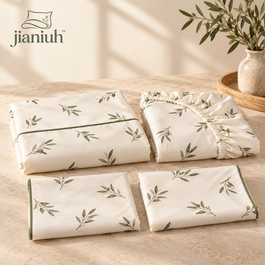 jianiuh™ Olive Courtyard 4-Piece Cotton Percale Sheet Set — Olive Branch Botanical Sheets, Ivory Deep Pocket Bedding, Full / Queen / King