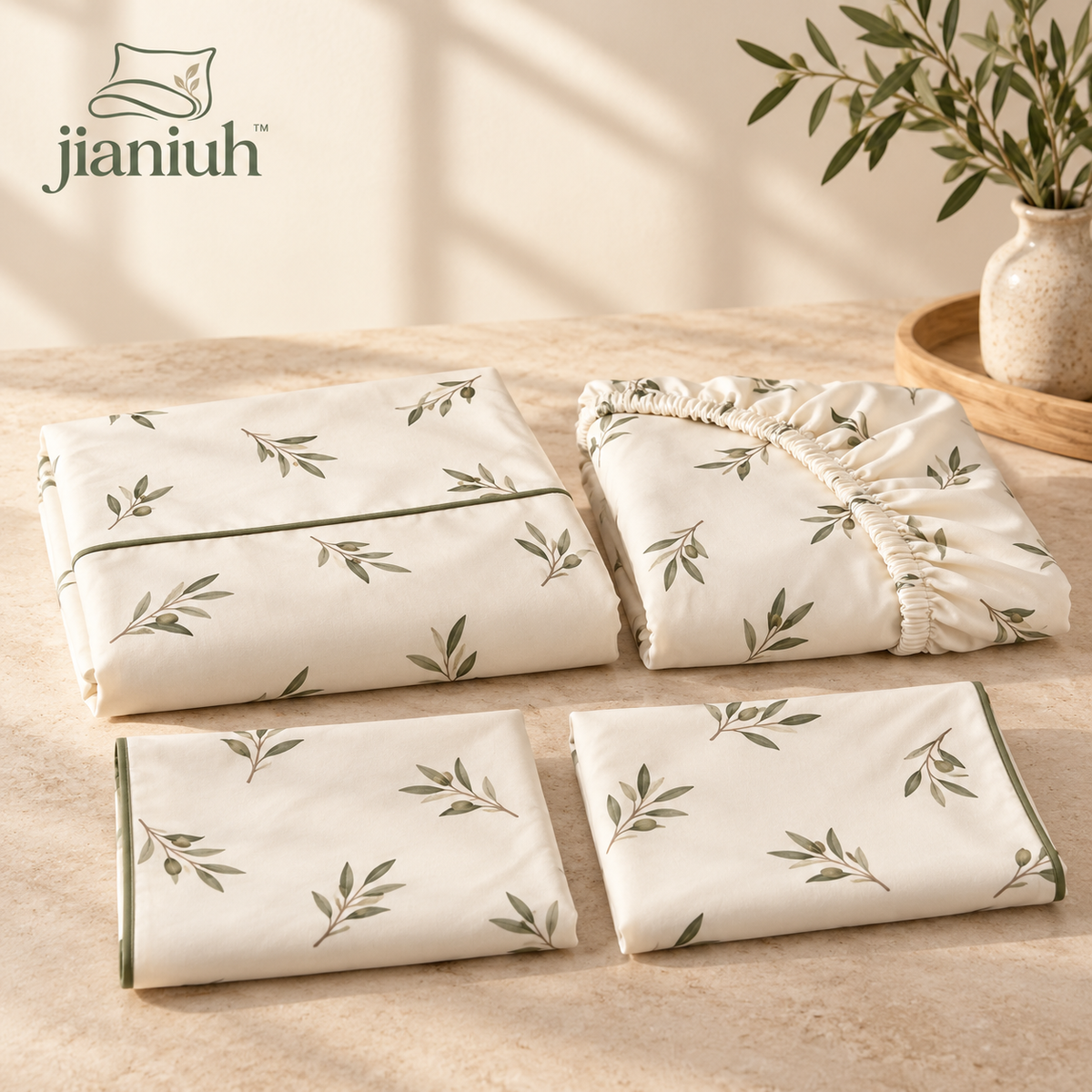 jianiuh™ Olive Courtyard 4-Piece Cotton Percale Sheet Set — Olive Branch Botanical Sheets, Ivory Deep Pocket Bedding, Full / Queen / King