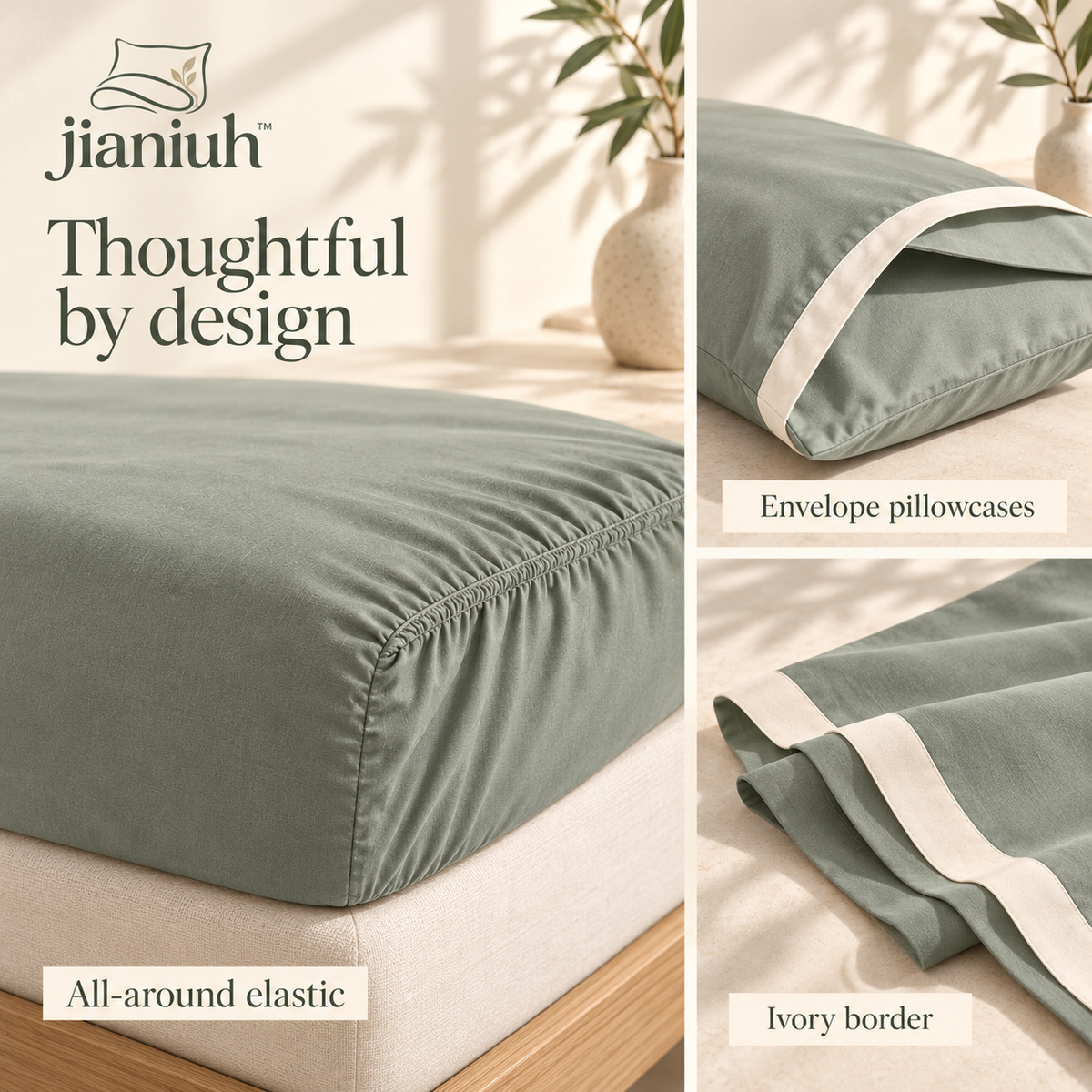jianiuh™ Sage Atelier 4-Piece Cotton Percale Sheet Set — Sage Green Deep Pocket Bedding with Ivory Border, Full / Queen / King