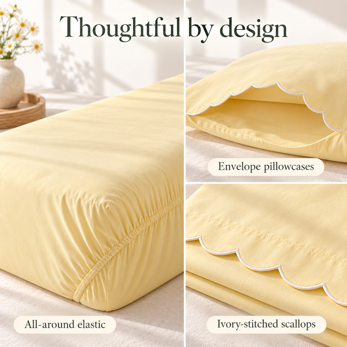 jianiuh™ Buttercup Edge 4-Piece Cotton Percale Sheet Set — Butter Yellow Scalloped Bedding, Deep Pocket Sheets, Full / Queen / King