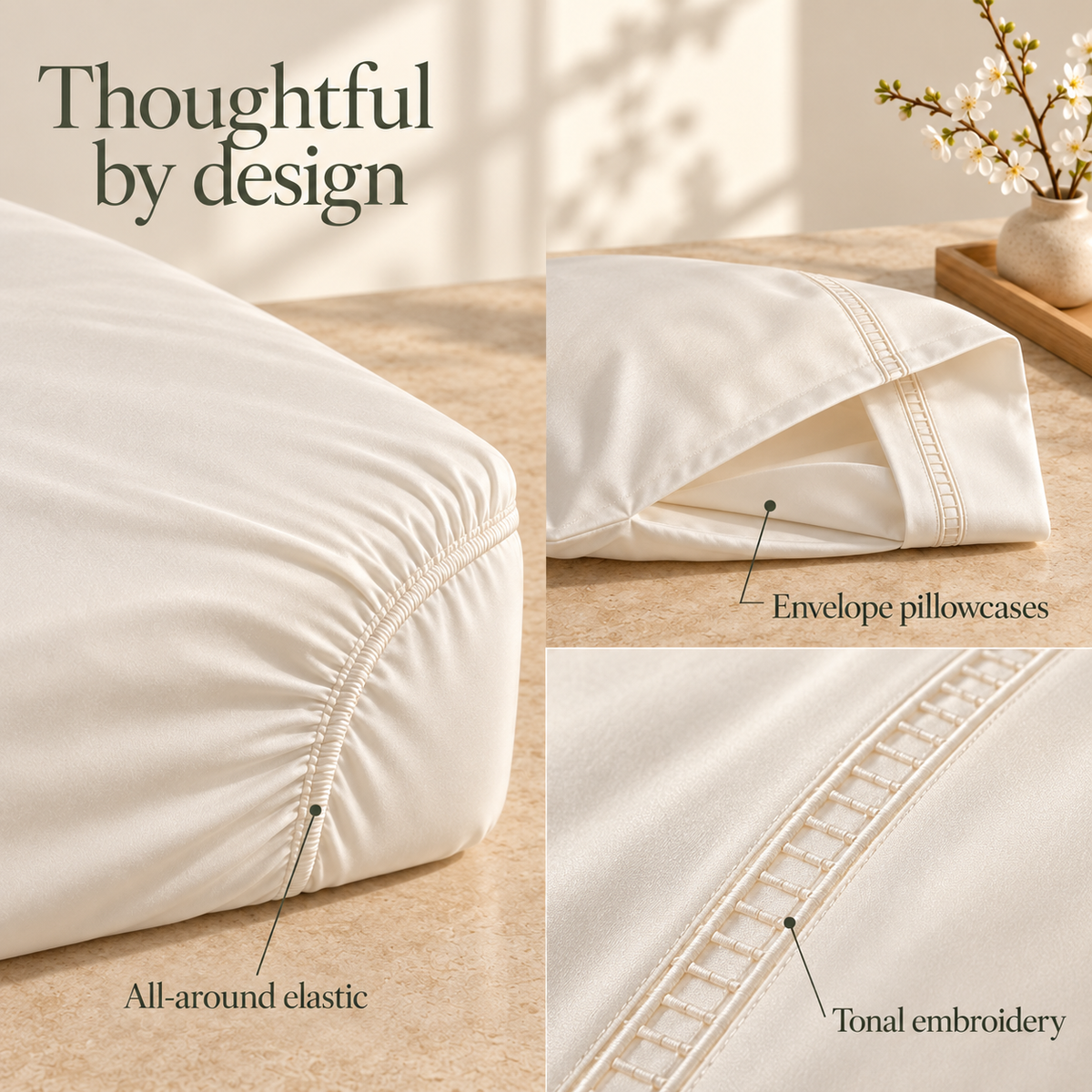 jianiuh™ Pearl Stitch 4-Piece Cotton Sateen Sheet Set — Ivory Embroidered Border Sheets, Deep Pocket Bedding, Full / Queen / King