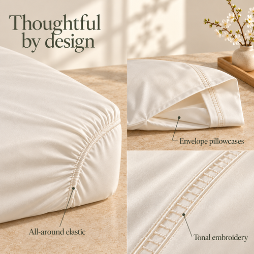 jianiuh™ Pearl Stitch 4-Piece Cotton Sateen Sheet Set — Ivory Embroidered Border Sheets, Deep Pocket Bedding, Full / Queen / King