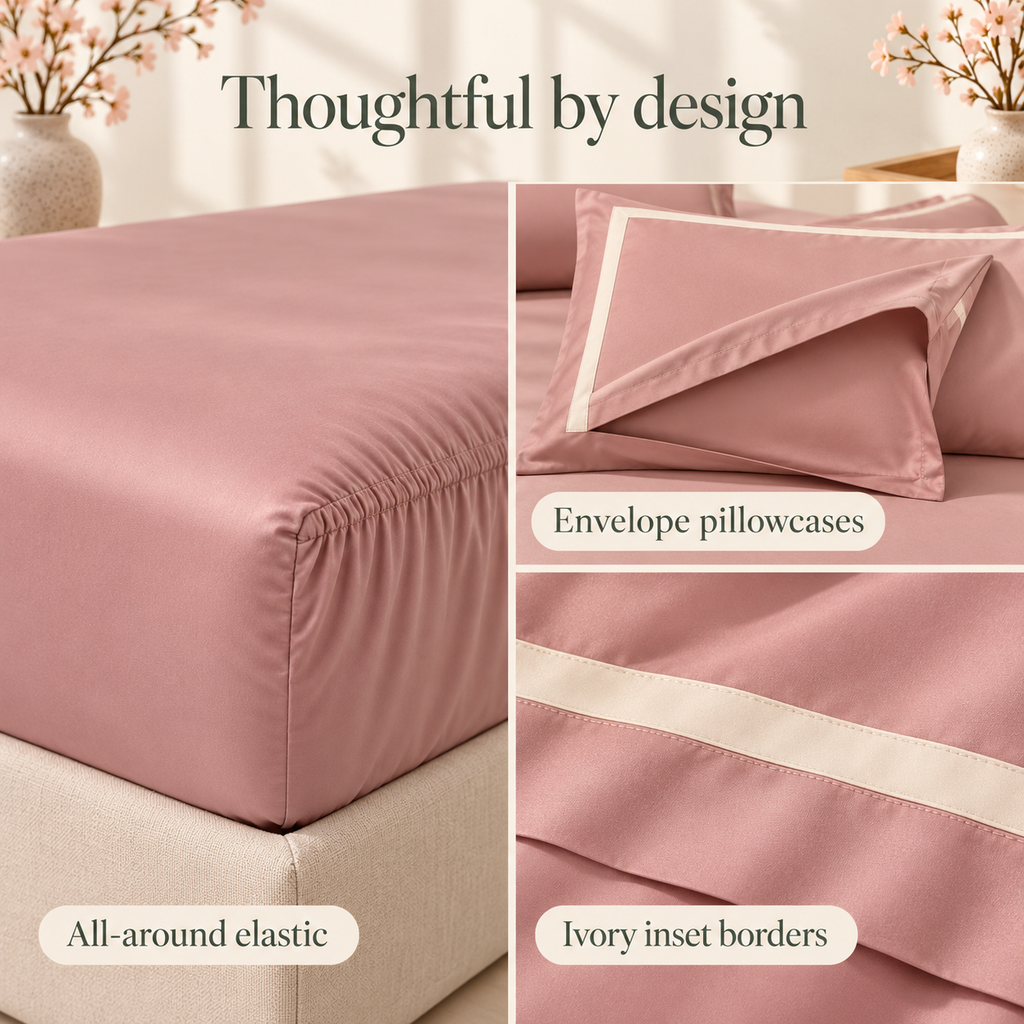 jianiuh™ Rosewater Frame 4-Piece Cotton Sateen Sheet Set — Dusty Pink Framed Border Sheets, Deep Pocket Bedding, Full / Queen / King