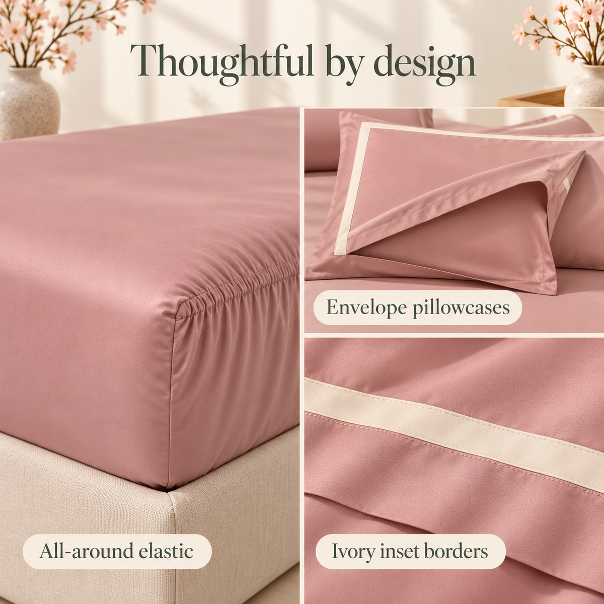 jianiuh™ Rosewater Frame 4-Piece Cotton Sateen Sheet Set — Dusty Pink Framed Border Sheets, Deep Pocket Bedding, Full / Queen / King