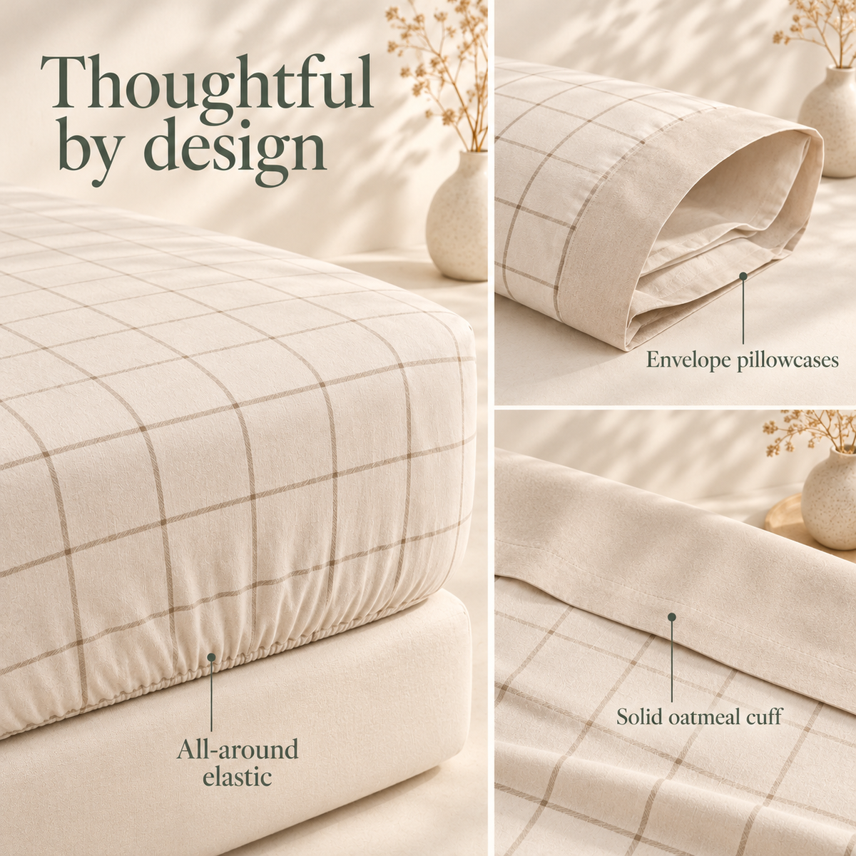 jianiuh™ Oat Window 4-Piece Cotton Percale Sheet Set — Oatmeal Windowpane Check Sheets, Neutral Deep Pocket Bedding, Full / Queen / King