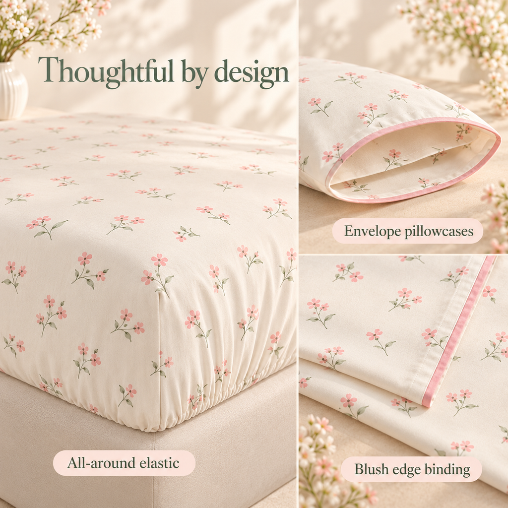 jianiuh™ Petal Letter 4-Piece Cotton Percale Sheet Set — Blush Floral Cottage Bedding, Deep Pocket Sheets, Full / Queen / King