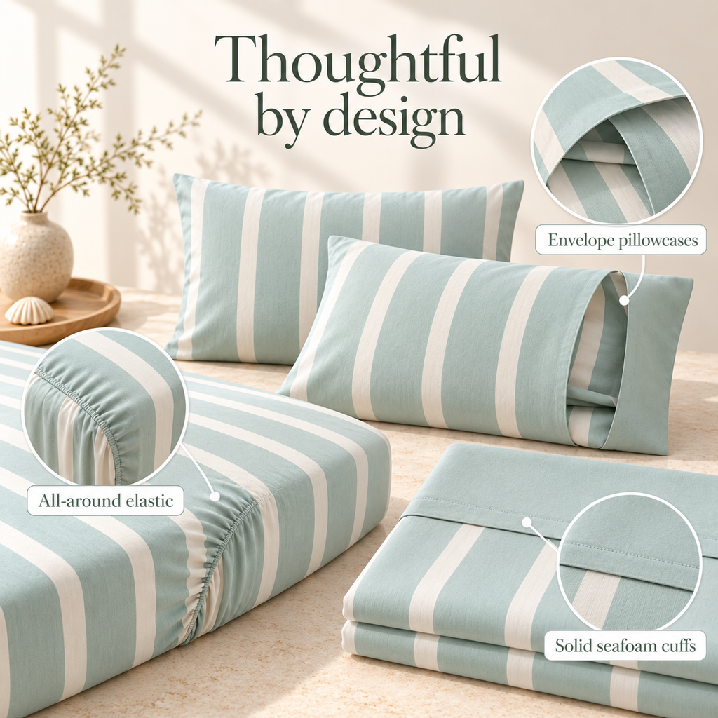 jianiuh™ Sea Glass Stripe 4-Piece Cotton Percale Sheet Set — Seafoam and Ivory Striped Sheets, Deep Pocket Bedding, Full / Queen / King