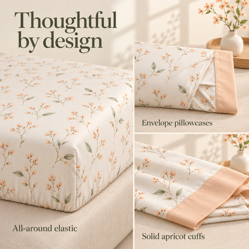jianiuh™ Apricot Meadow 4-Piece Cotton Percale Sheet Set — Apricot Botanical Floral Sheets, Deep Pocket Bedding, Full / Queen / King