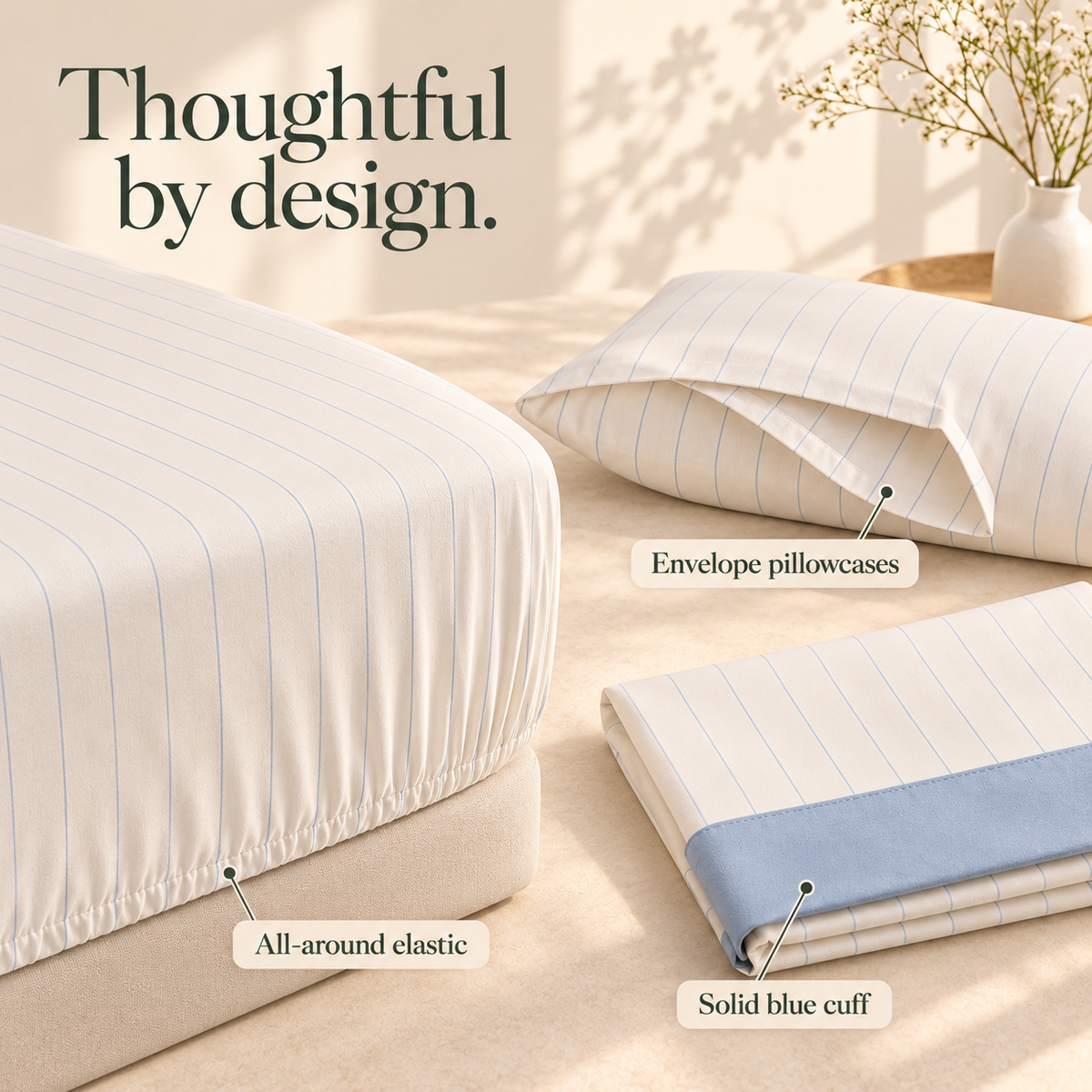 jianiuh™ Blue Hour Pinstripe 4-Piece Cotton Percale Sheet Set — Mist Blue Striped Sheets, Deep Pocket Bedding, Full / Queen / King