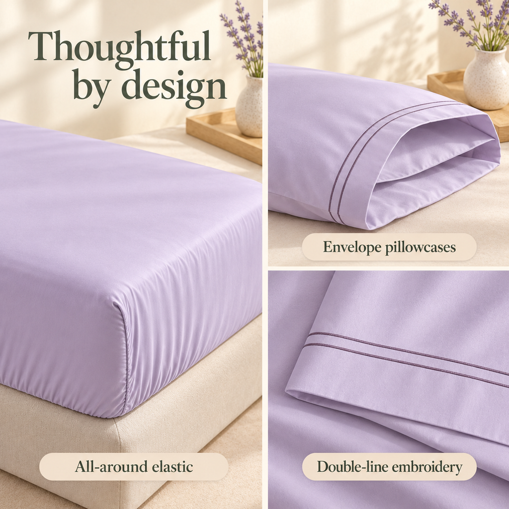 jianiuh™ Lavender Margin 4-Piece Cotton Sateen Sheet Set — Lavender Double-Line Embroidered Sheets, Deep Pocket Bedding, Full / Queen / King