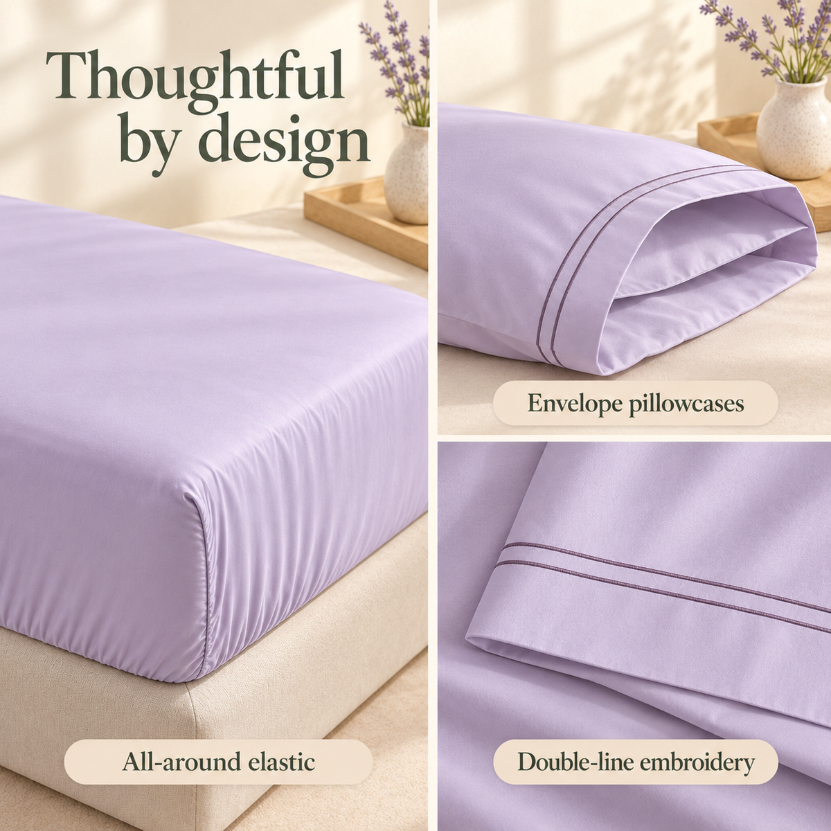 jianiuh™ Lavender Margin 4-Piece Cotton Sateen Sheet Set — Lavender Double-Line Embroidered Sheets, Deep Pocket Bedding, Full / Queen / King