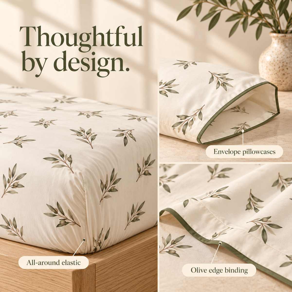 jianiuh™ Olive Courtyard 4-Piece Cotton Percale Sheet Set — Olive Branch Botanical Sheets, Ivory Deep Pocket Bedding, Full / Queen / King