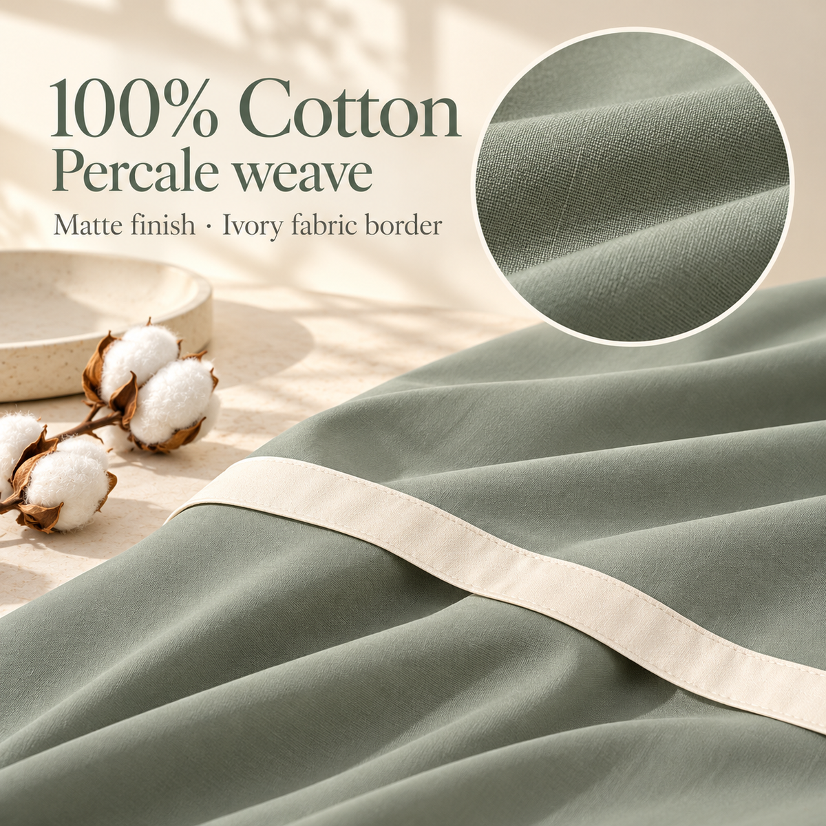 jianiuh™ Sage Atelier 4-Piece Cotton Percale Sheet Set — Sage Green Deep Pocket Bedding with Ivory Border, Full / Queen / King