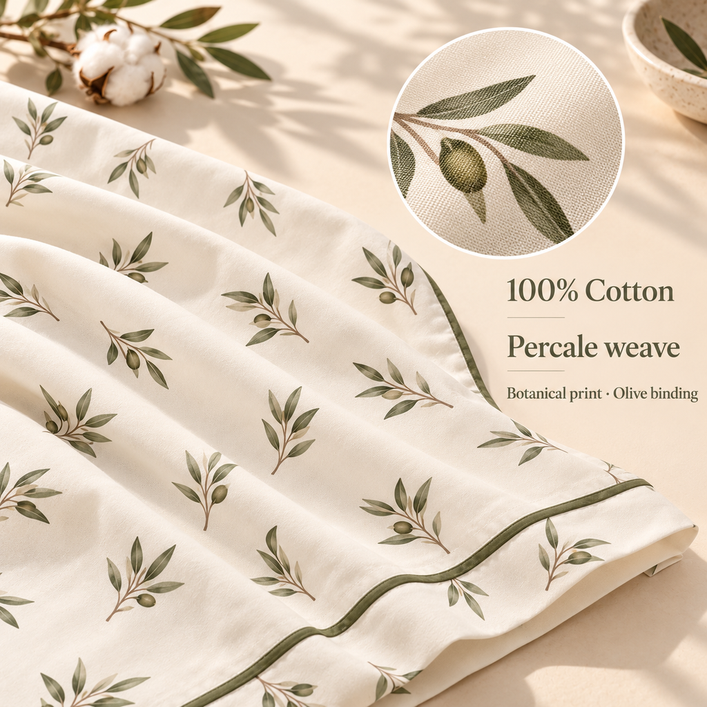 jianiuh™ Olive Courtyard 4-Piece Cotton Percale Sheet Set — Olive Branch Botanical Sheets, Ivory Deep Pocket Bedding, Full / Queen / King
