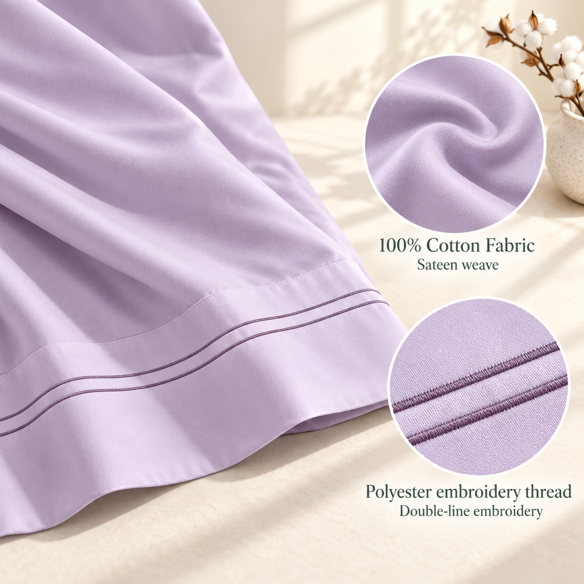 jianiuh™ Lavender Margin 4-Piece Cotton Sateen Sheet Set — Lavender Double-Line Embroidered Sheets, Deep Pocket Bedding, Full / Queen / King