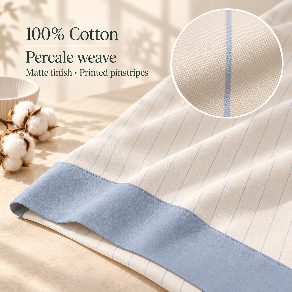 jianiuh™ Blue Hour Pinstripe 4-Piece Cotton Percale Sheet Set — Mist Blue Striped Sheets, Deep Pocket Bedding, Full / Queen / King