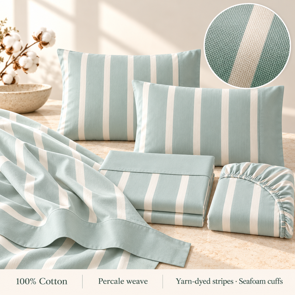 jianiuh™ Sea Glass Stripe 4-Piece Cotton Percale Sheet Set — Seafoam and Ivory Striped Sheets, Deep Pocket Bedding, Full / Queen / King