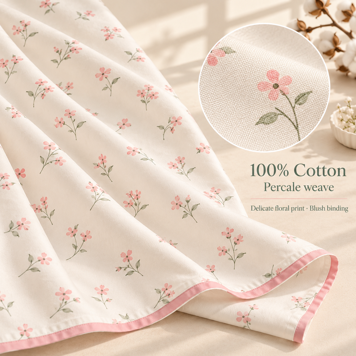 jianiuh™ Petal Letter 4-Piece Cotton Percale Sheet Set — Blush Floral Cottage Bedding, Deep Pocket Sheets, Full / Queen / King