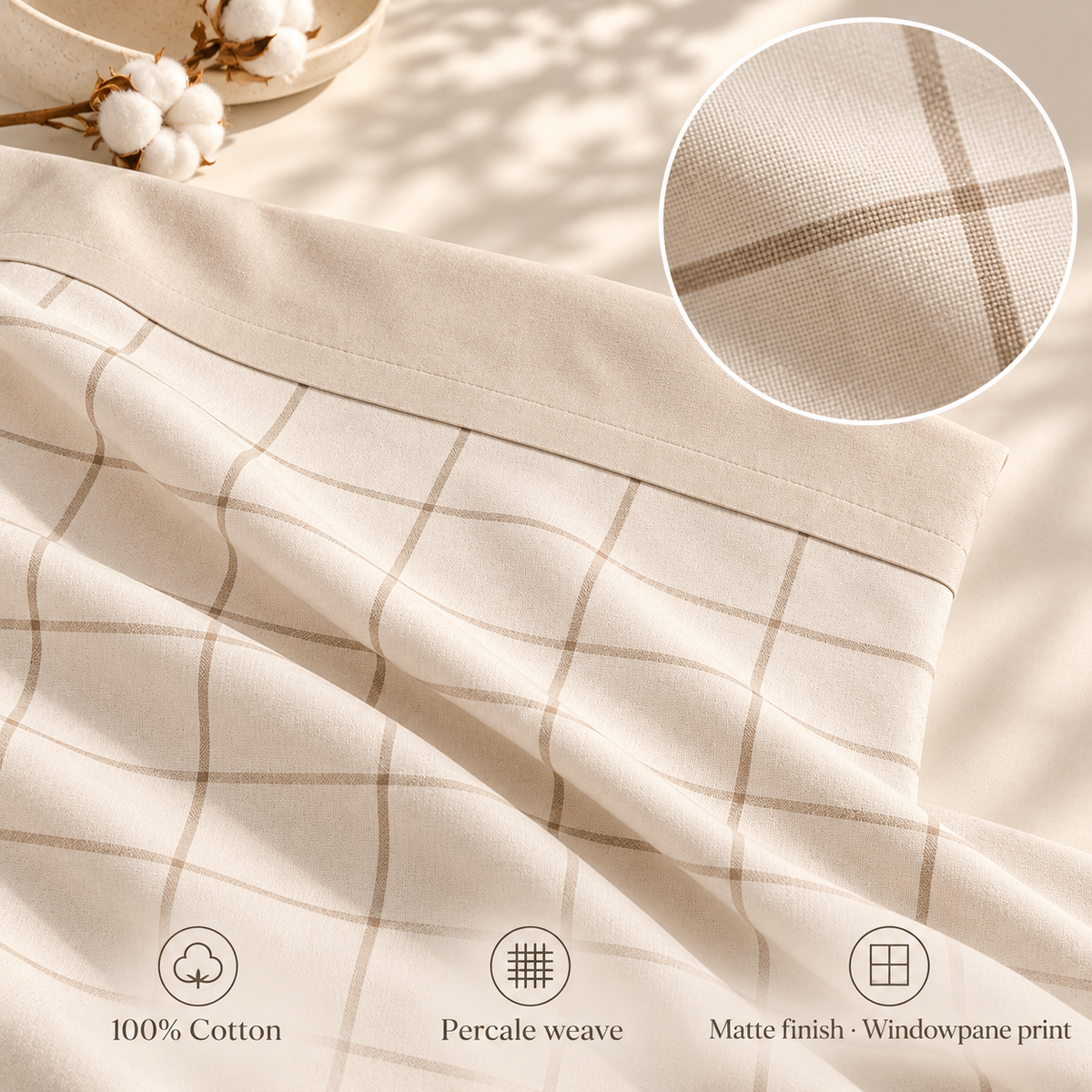 jianiuh™ Oat Window 4-Piece Cotton Percale Sheet Set — Oatmeal Windowpane Check Sheets, Neutral Deep Pocket Bedding, Full / Queen / King