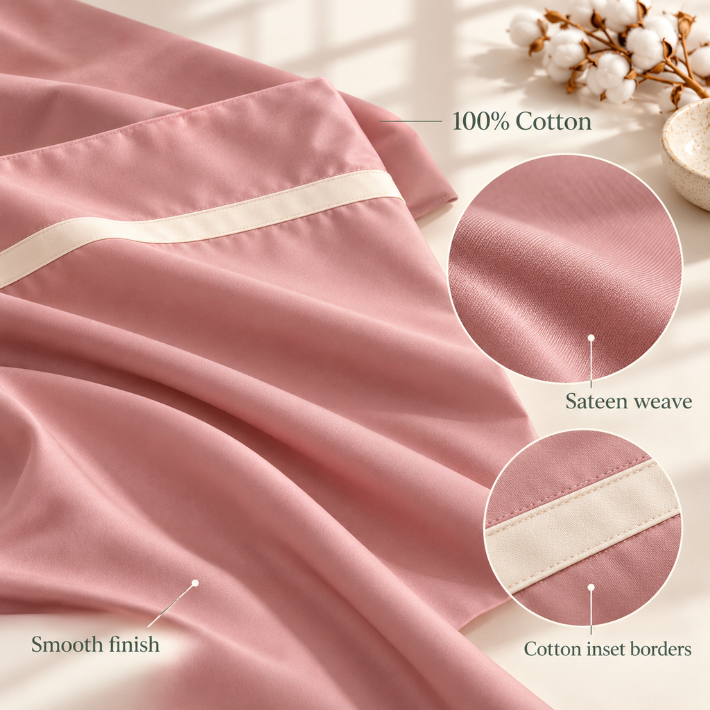jianiuh™ Rosewater Frame 4-Piece Cotton Sateen Sheet Set — Dusty Pink Framed Border Sheets, Deep Pocket Bedding, Full / Queen / King