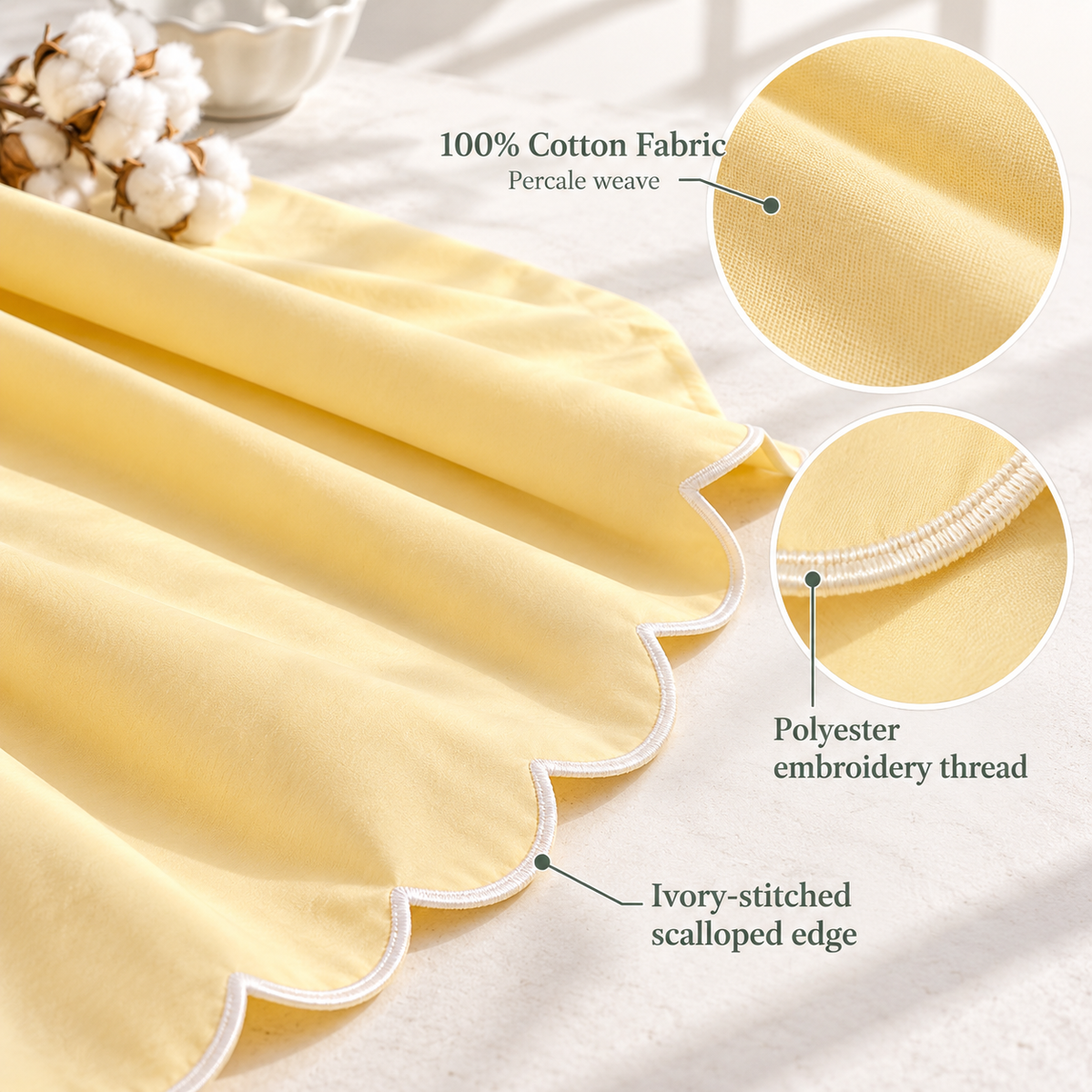 jianiuh™ Buttercup Edge 4-Piece Cotton Percale Sheet Set — Butter Yellow Scalloped Bedding, Deep Pocket Sheets, Full / Queen / King