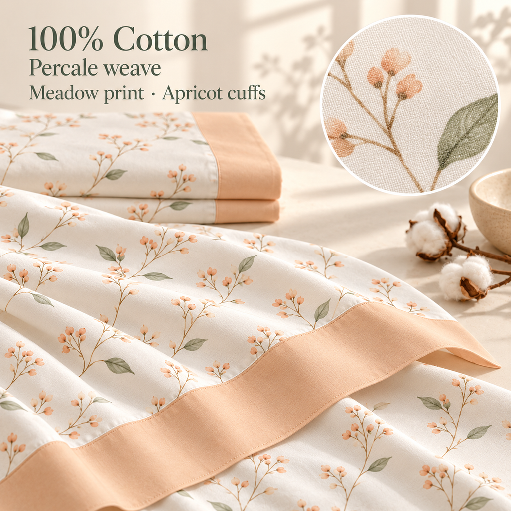 jianiuh™ Apricot Meadow 4-Piece Cotton Percale Sheet Set — Apricot Botanical Floral Sheets, Deep Pocket Bedding, Full / Queen / King