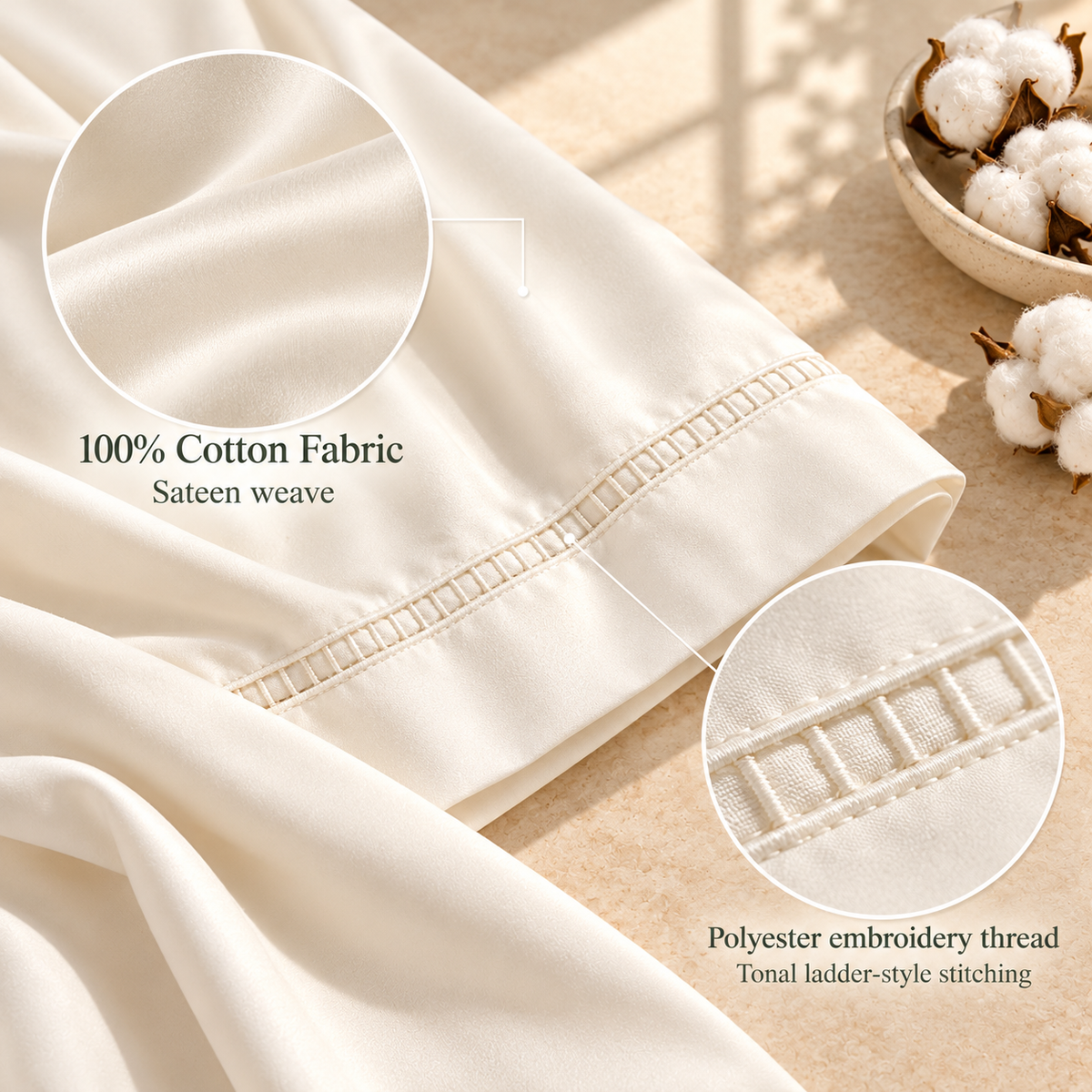 jianiuh™ Pearl Stitch 4-Piece Cotton Sateen Sheet Set — Ivory Embroidered Border Sheets, Deep Pocket Bedding, Full / Queen / King