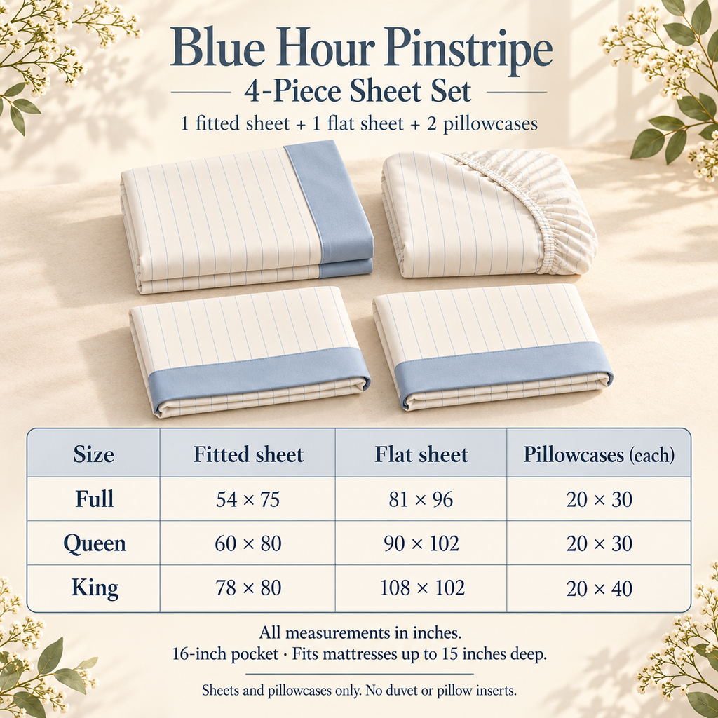 jianiuh™ Blue Hour Pinstripe 4-Piece Cotton Percale Sheet Set — Mist Blue Striped Sheets, Deep Pocket Bedding, Full / Queen / King