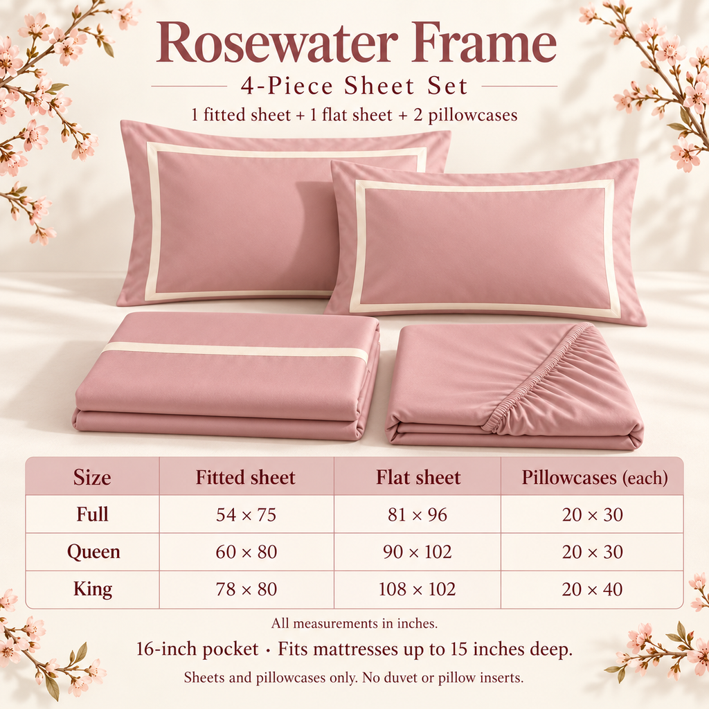 jianiuh™ Rosewater Frame 4-Piece Cotton Sateen Sheet Set — Dusty Pink Framed Border Sheets, Deep Pocket Bedding, Full / Queen / King