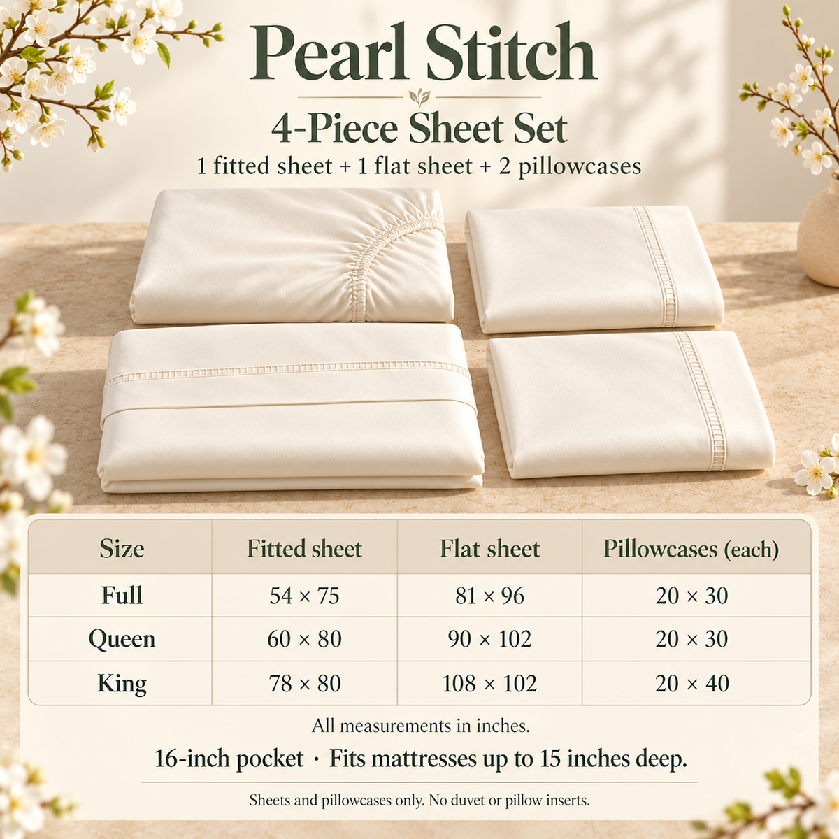 jianiuh™ Pearl Stitch 4-Piece Cotton Sateen Sheet Set — Ivory Embroidered Border Sheets, Deep Pocket Bedding, Full / Queen / King