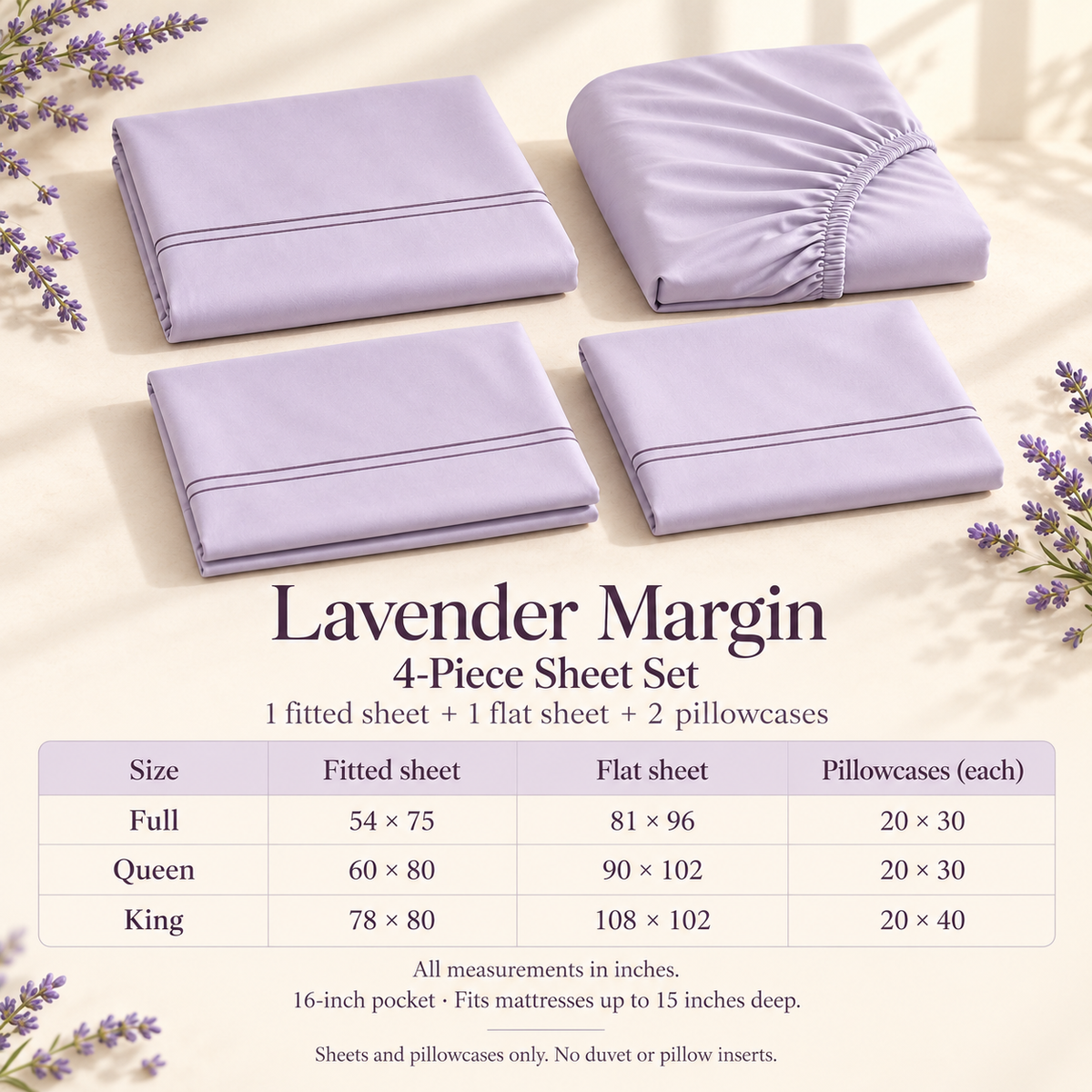 jianiuh™ Lavender Margin 4-Piece Cotton Sateen Sheet Set — Lavender Double-Line Embroidered Sheets, Deep Pocket Bedding, Full / Queen / King