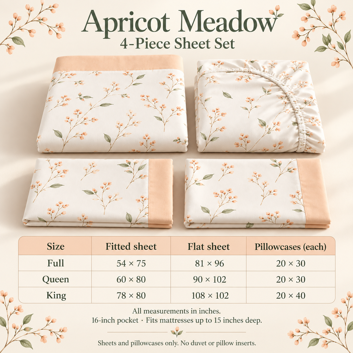 jianiuh™ Apricot Meadow 4-Piece Cotton Percale Sheet Set — Apricot Botanical Floral Sheets, Deep Pocket Bedding, Full / Queen / King