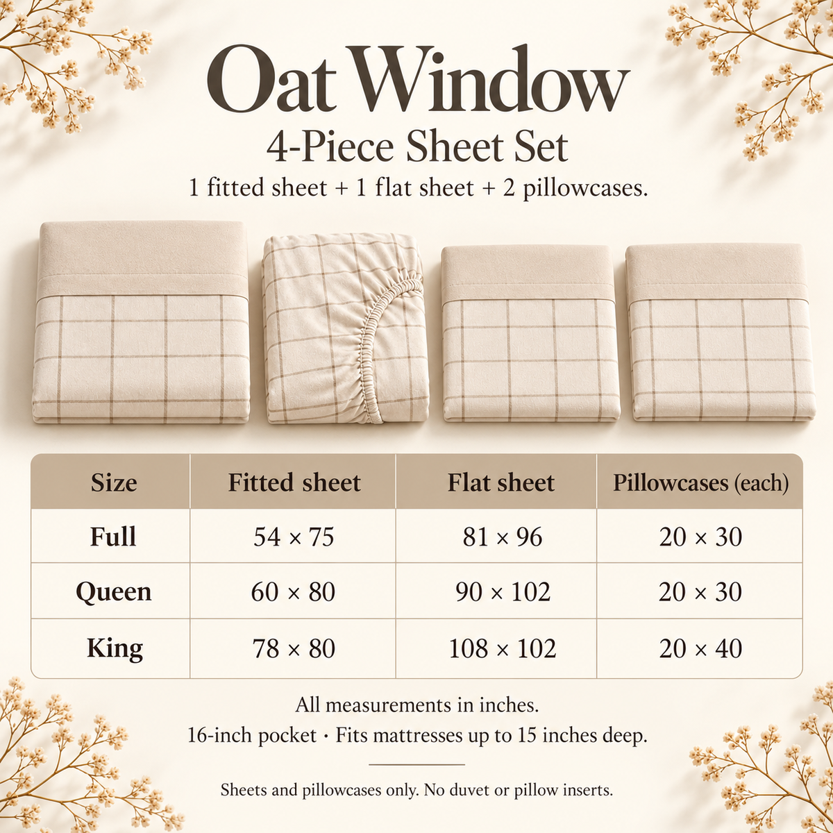 jianiuh™ Oat Window 4-Piece Cotton Percale Sheet Set — Oatmeal Windowpane Check Sheets, Neutral Deep Pocket Bedding, Full / Queen / King
