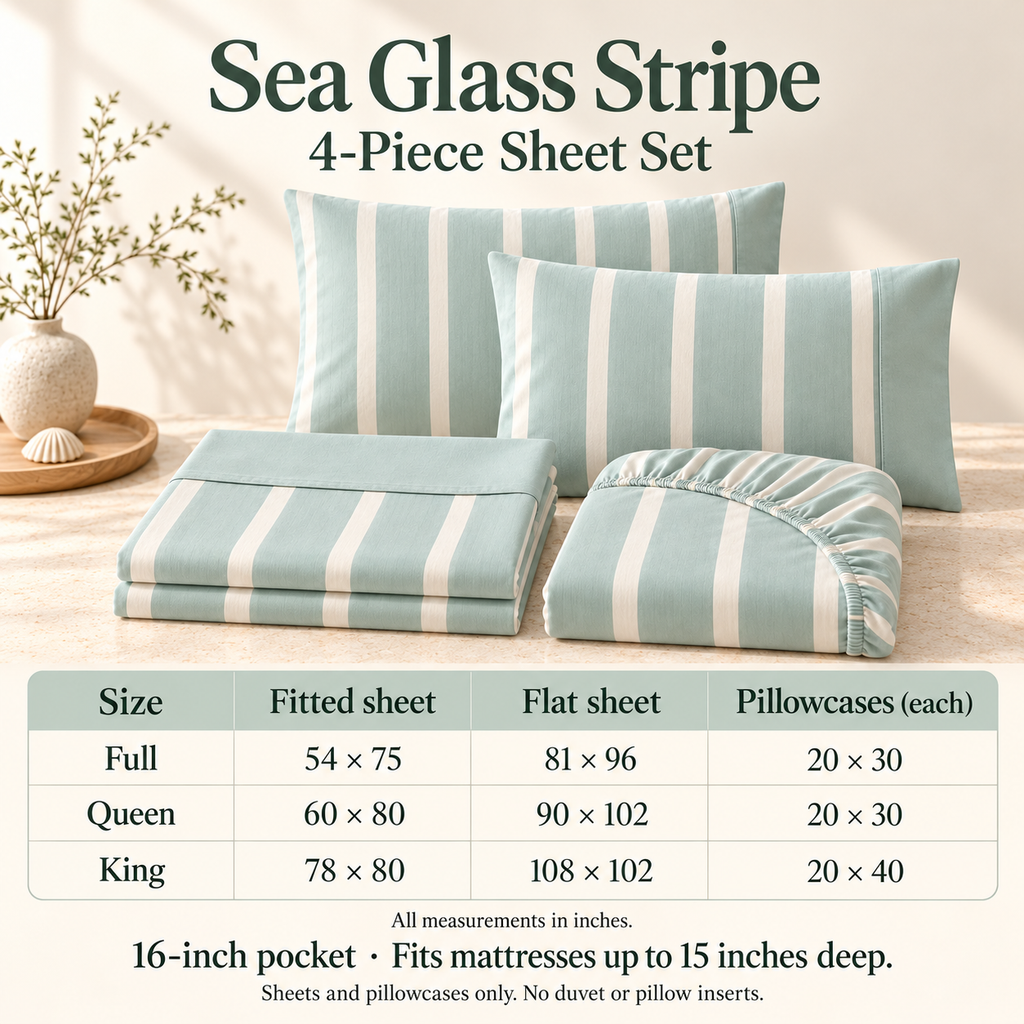 jianiuh™ Sea Glass Stripe 4-Piece Cotton Percale Sheet Set — Seafoam and Ivory Striped Sheets, Deep Pocket Bedding, Full / Queen / King