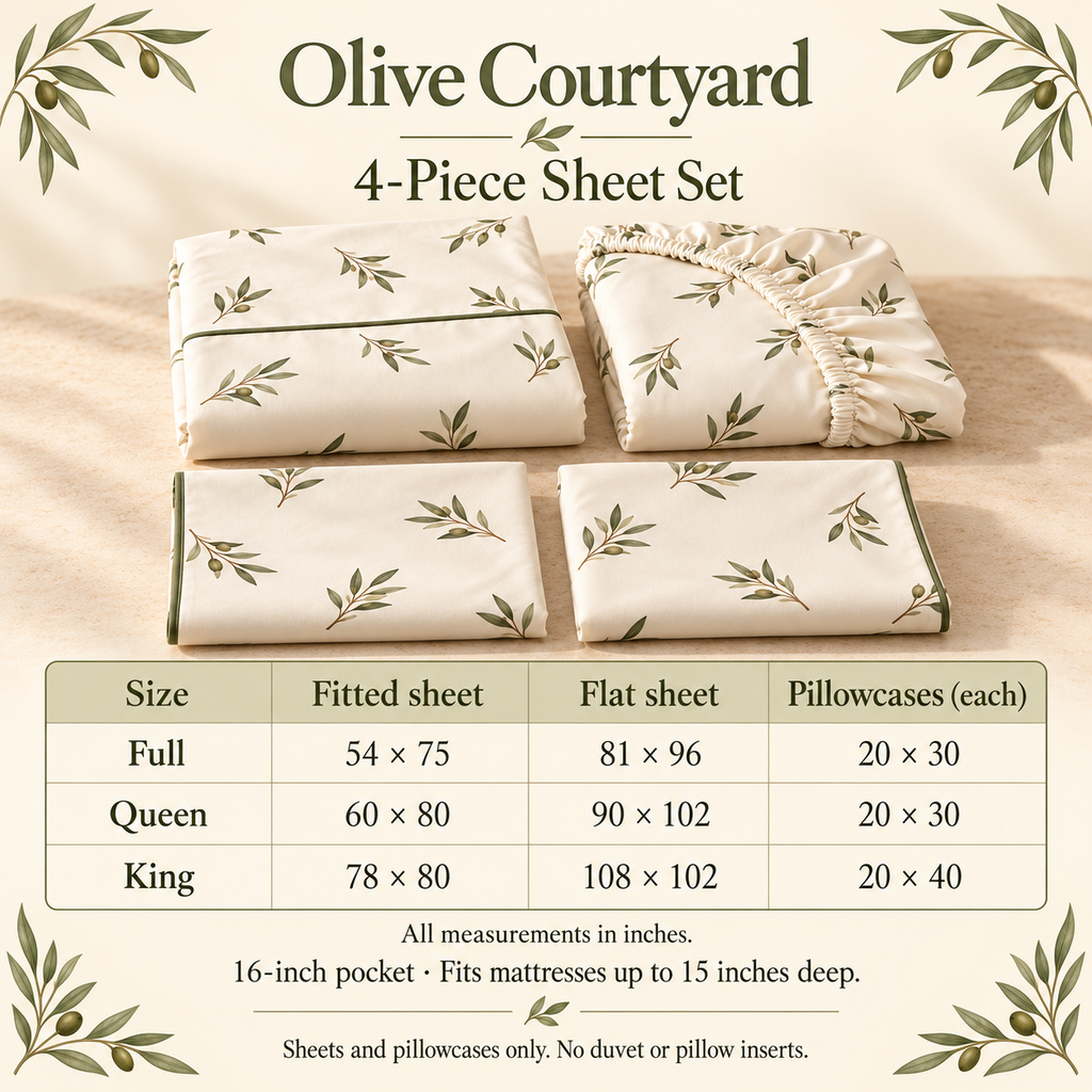 jianiuh™ Olive Courtyard 4-Piece Cotton Percale Sheet Set — Olive Branch Botanical Sheets, Ivory Deep Pocket Bedding, Full / Queen / King