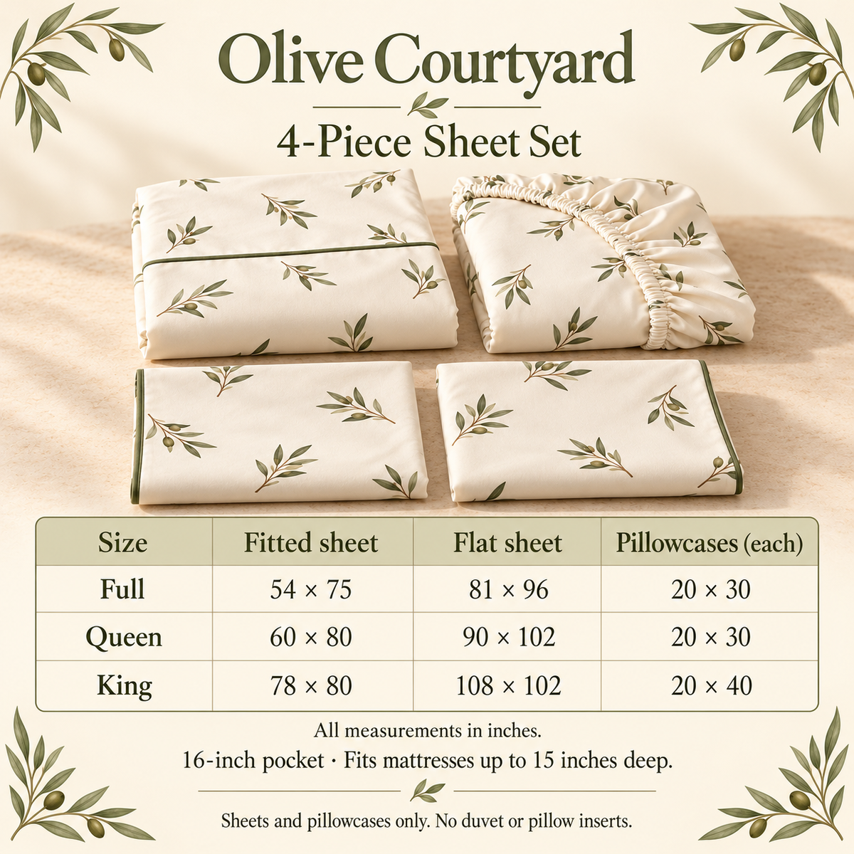jianiuh™ Olive Courtyard 4-Piece Cotton Percale Sheet Set — Olive Branch Botanical Sheets, Ivory Deep Pocket Bedding, Full / Queen / King
