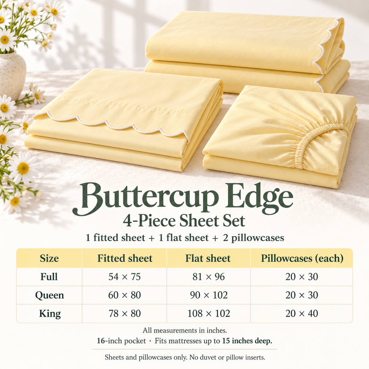 jianiuh™ Buttercup Edge 4-Piece Cotton Percale Sheet Set — Butter Yellow Scalloped Bedding, Deep Pocket Sheets, Full / Queen / King
