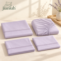 jianiuh™ Lavender Margin 4-Piece Cotton Sateen Sheet Set — Lavender Double-Line Embroidered Sheets, Deep Pocket Bedding, Full / Queen / King
