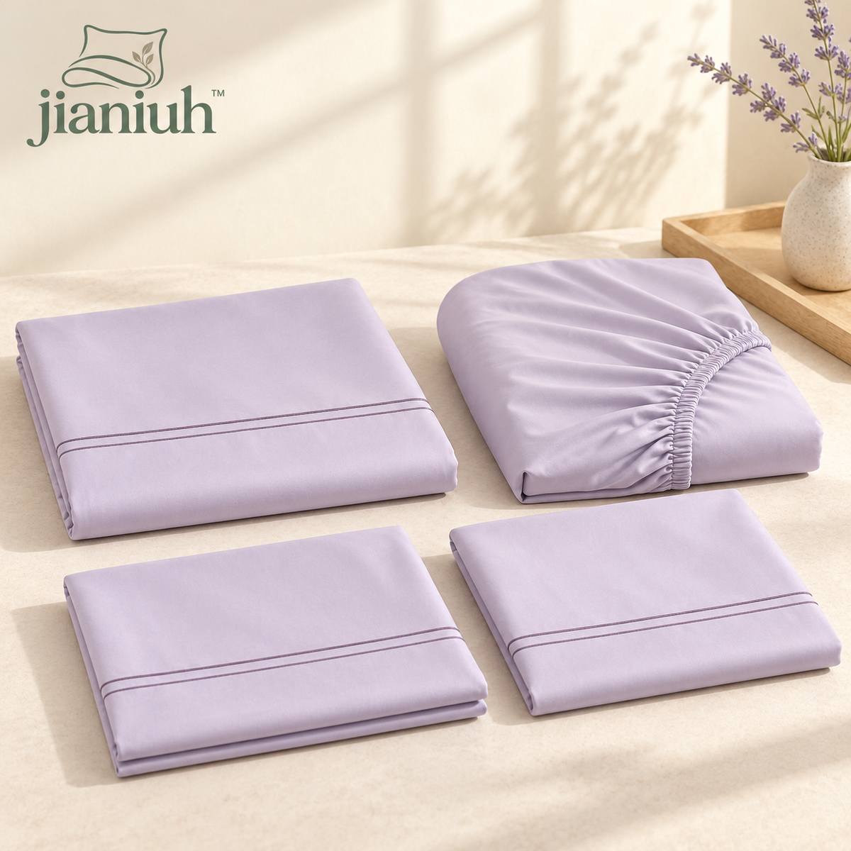 jianiuh™ Lavender Margin 4-Piece Cotton Sateen Sheet Set — Lavender Double-Line Embroidered Sheets, Deep Pocket Bedding, Full / Queen / King